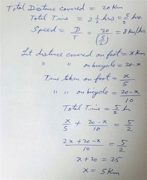 A boy covers a distance of 20 km in 2 1/2 hours, partly on foot at the ...