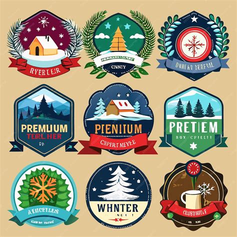 Nine colorful winter badges with different holiday symbols and text ...
