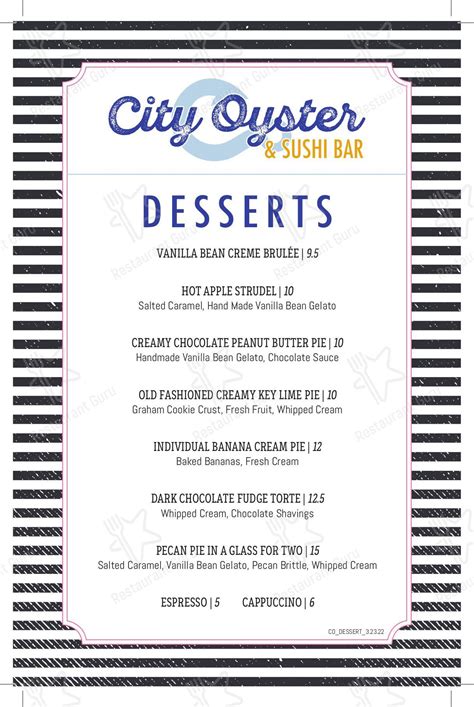 Menu at City Oyster & Sushi Bar, Delray Beach