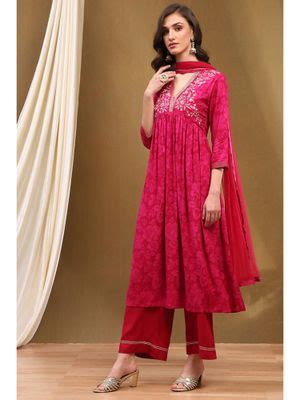 Buy Biba Fuchsia Pink Floral Embroidered Flared Kurta with Palazzo and ...