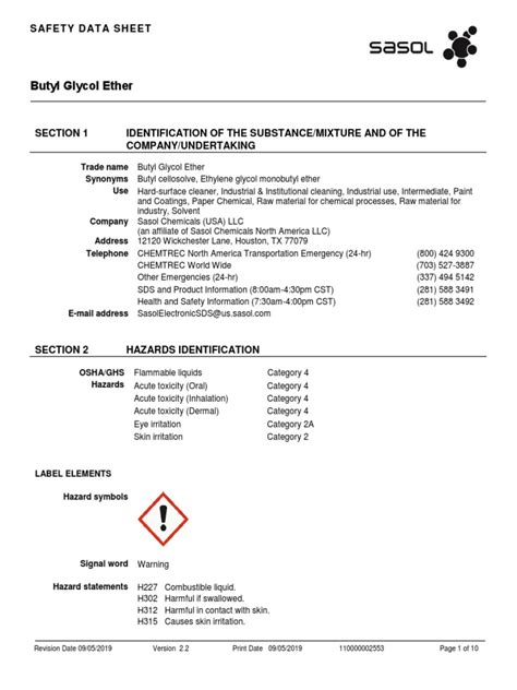 MSDS Butyl Glycol Ether | PDF | Toxicity | Firefighting