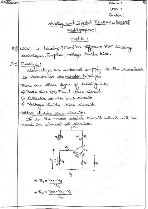 ADE Model paper 1 - NOTES - Name: 1 USN Section: Analog and Digital ...