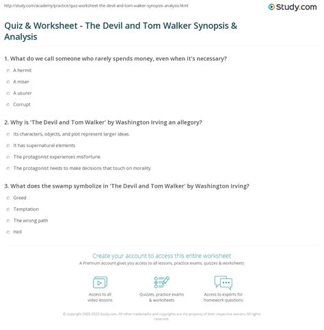 Quiz & Worksheet - The Devil and Tom Walker Synopsis & Analysis | Study.com