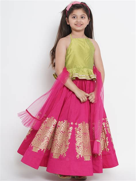 Shop Bitiya By Bhama Girls Green & Fuchsia Solid Ready To Wear Lehenga ...