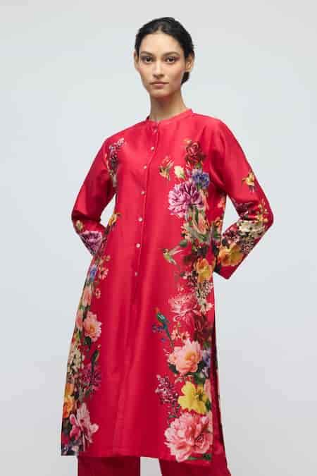 Buy Red Chanderi, Voile Mandarin Collar Floral Print Tunic With Pant ...