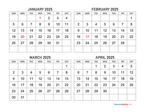 January to April 2025 Calendar | Calendar Quickly