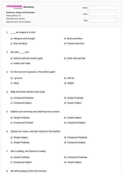 50+ Subject and Predicate worksheets for Class 4 on Wayground | Free ...