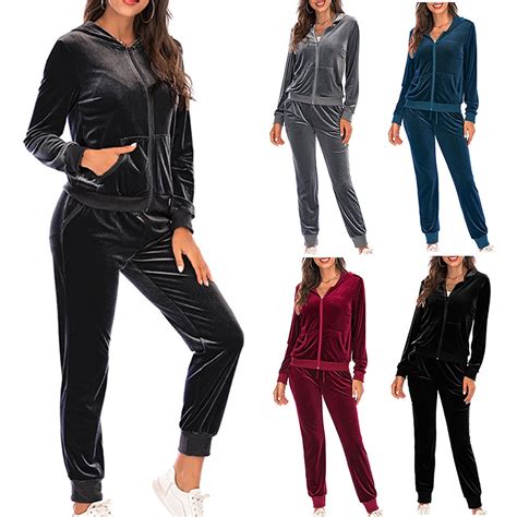 Womens Velour Tracksuit Two Piece Outfits for Women Long Sleeve Hooded ...