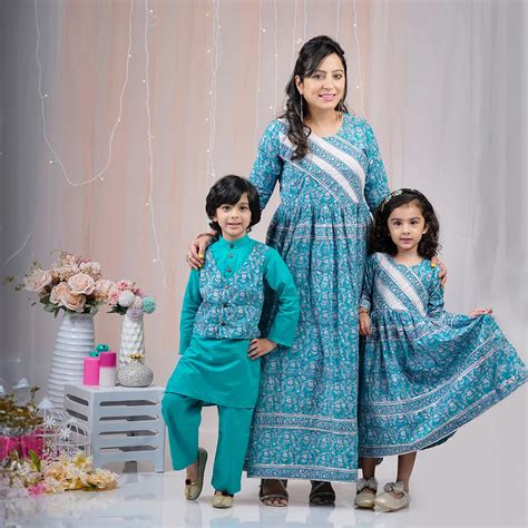Teal Block Printed Suit With Matching Kurta Pyjama Family Set