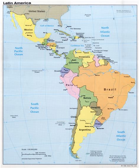 Large detailed political map of Latin America with capitals and major ...