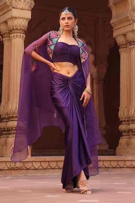 Buy Purple Georgette Pearls, Beads Floral Embroidered Asymmetric Cape ...