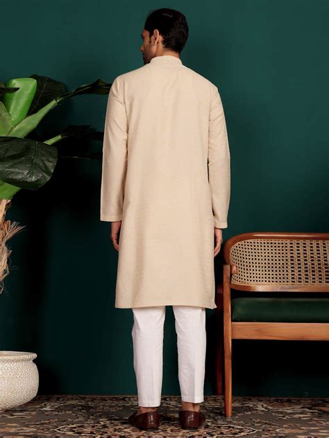 Beige Self Design Woven Jacquard Cotton Straight Kurta – See Designs