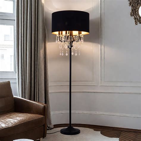 Wellmet Black Crystal Drum Shade Floor Lamp, 6 Light Black Gold Shade ...