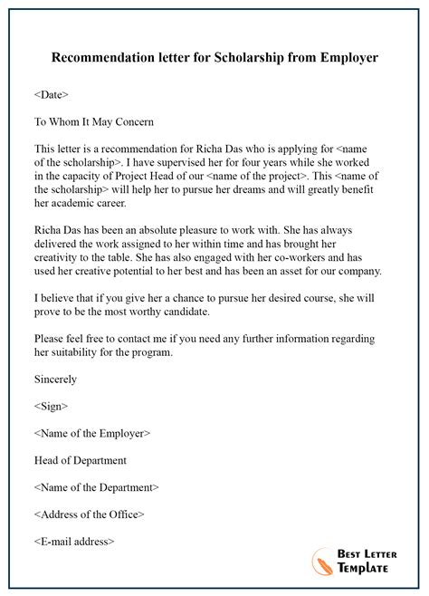 Letter Of Recommendation Scholarship Template - Content Calendar Template