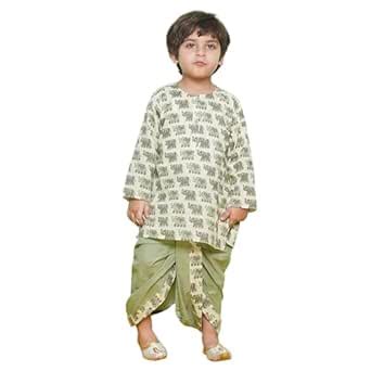 Buy AJ DEZINES Kids Animal Printed Pure Cotton Green Dhoti Kurta Set ...
