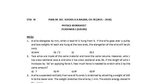 STD: XI PSBB SR. SEC. SCHOOL K.K.NAGAR PHYSICS WORKSHEET 2526XIWS8 MCQs ...