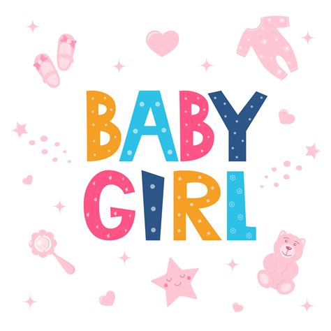 Baby shower card for girls. It's a girl card. Vector invitation with lettering Baby Girl and ...