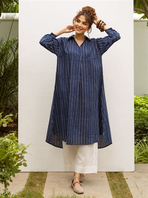 Indigo Cotton Shirt Collar Kurta For Women's – Vari