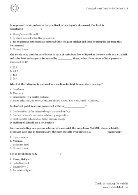 Chemical Heat Transfer MCQ Part 2 - Thanks for visiting DW website In ...