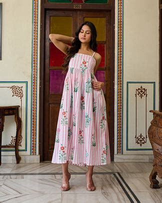Handcrafted Cotton Midi Dress Striped Floral Print & Spaghetti Straps ...