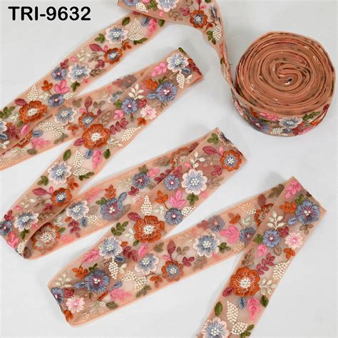 9 Yard Peach Indian Embroidery Ribbon 5cm Trim Sari Border DIY Craftin ...
