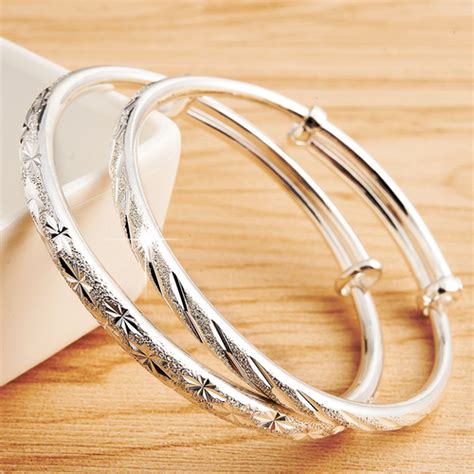 SL001韩版素银手环银饰品个性极简光面S990纯银开口光圈手镯女-阿里巴巴