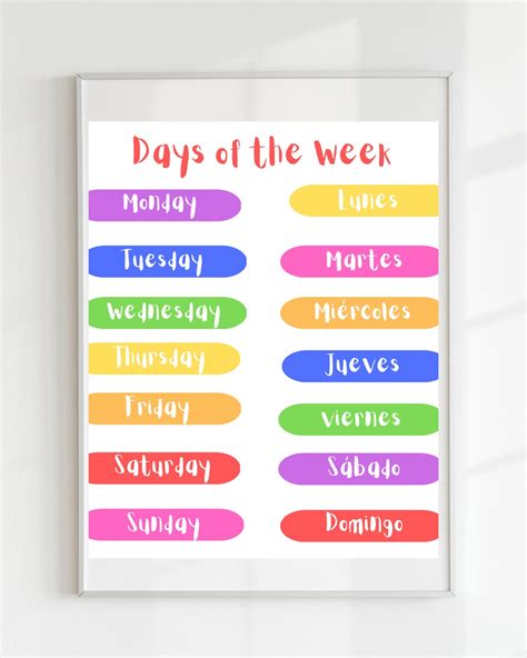 Days of the Week English and Spanish Poster, Educational Print ...