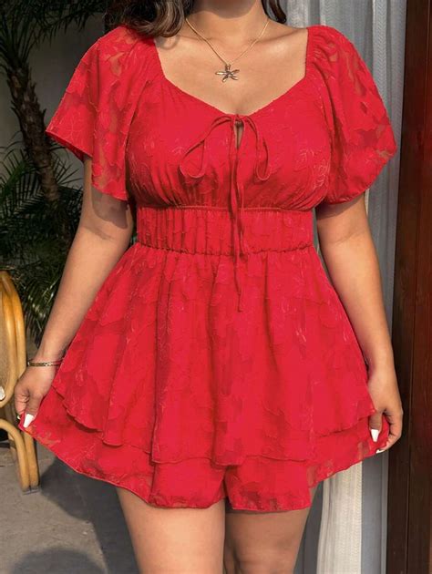 Sunnyshic Red Chiffon Cut-Out Double Layer Ruffle Sleeve Jumpsuit ...