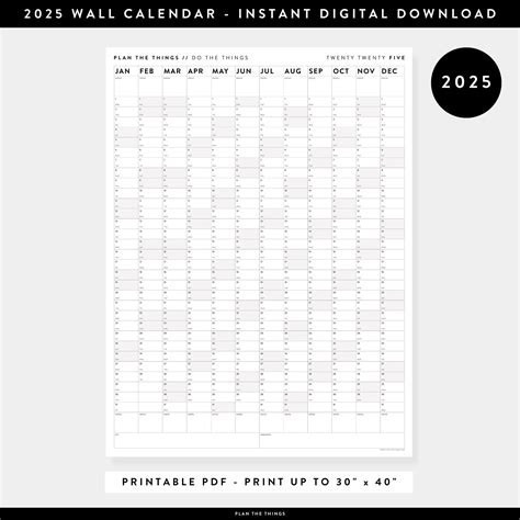 PRINTABLE 2025 Wall Calendar Digital PDF Instant Download 2025 Wall Planner Monthly Planner 2025 ...