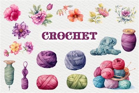 A colorful clipart image featuring crochet-related items and flowers ...