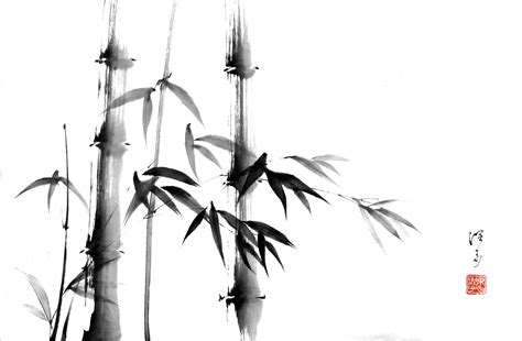 Japanese Brush Painting Bamboo Sprig Of Bamboo On Tinted Gold Sprinkle