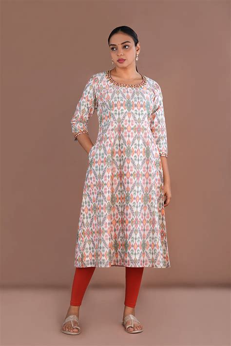 Ivory Embroidery Pochampally Silk Ikat Kurti – Kalanjali