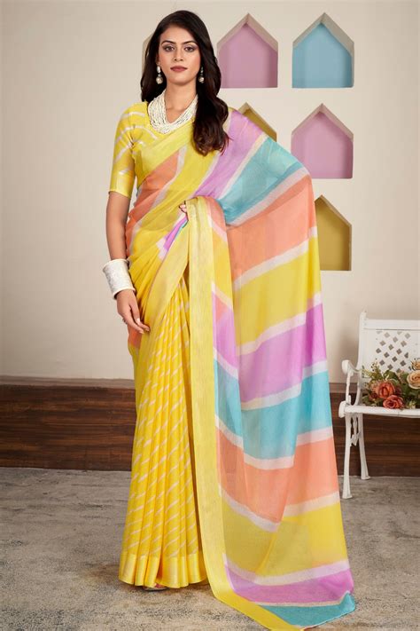Buy Sun Flower Yellow Printed Satin Silk Saree Online - MySilkLove