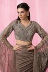 Buy Brown Silk, Net Sequins Asymmetric Pre-draped Saree With ...