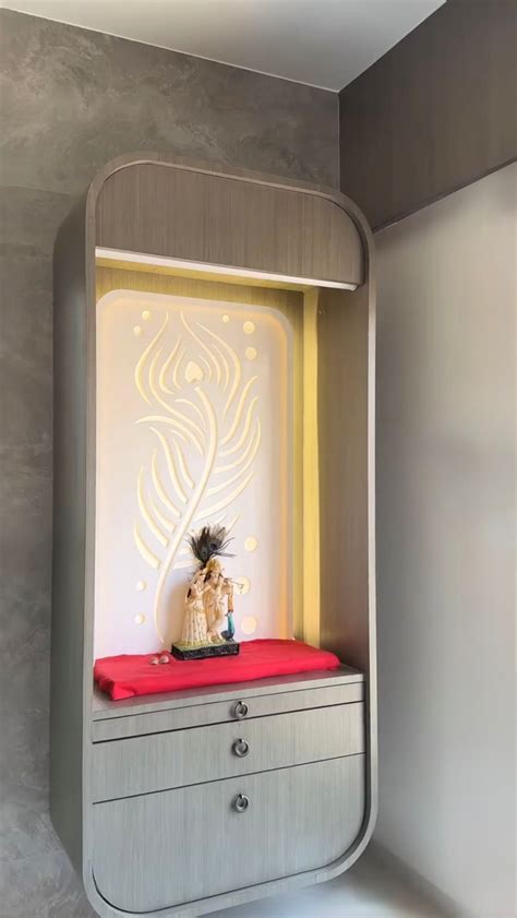 Modern Design Laminated Pooja Mandir with Corian LED Backlit Krishna F ...