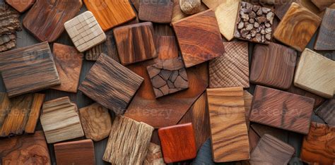 Various wood samples with different grains and textures arranged ...