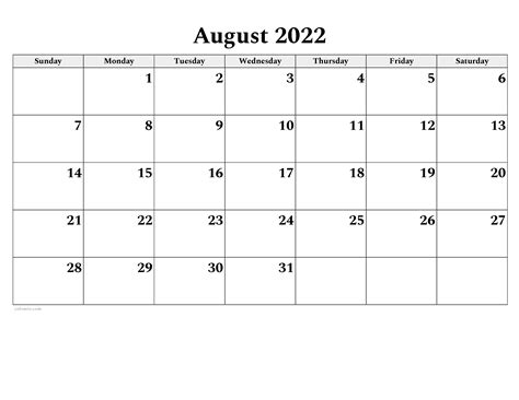 August 2022 Calendar Printable Pdf