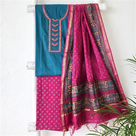 RANISA-Pure Cotton Mint Blue Green With Pink Yoke Design Top And Cotto ...