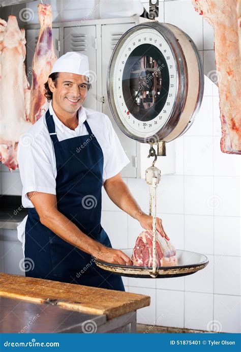 Confident Butcher Weighing Meat on Scale Stock Image - Image of meat ...
