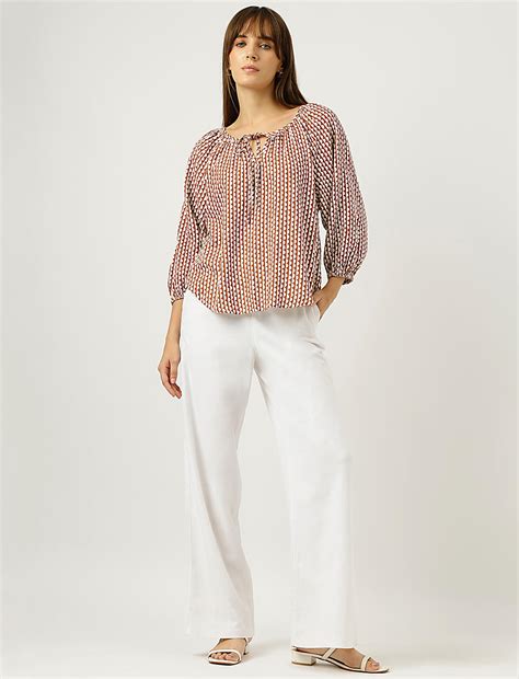 Buy Linen Rich Geometric Print Tie-Ups Neck Top at Marks & Spencer