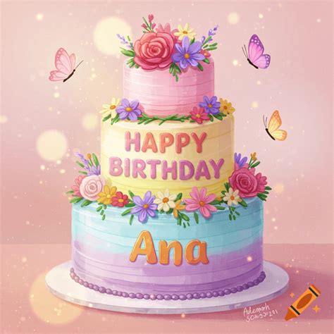 Birthday cake with flowers and butterflies that says Happy Birthday Ana ...