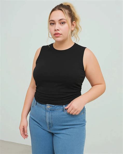 Sleeveless Ruched Black Crop Top Curve & Plus – Littlebox India