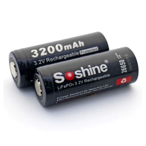 Soshine 26650 LiFePO4 3.2V Protected Rechargeable Batteries - 3200mAh ...