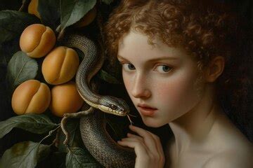 Eve with apricots in the garden of eden and the serpent | Premium AI ...