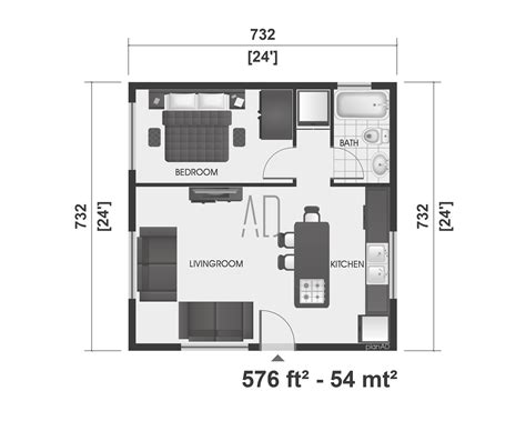 Small House Plan, 1 Bedroom Home Plan, 24x24 Floor Plan, Tiny House ...