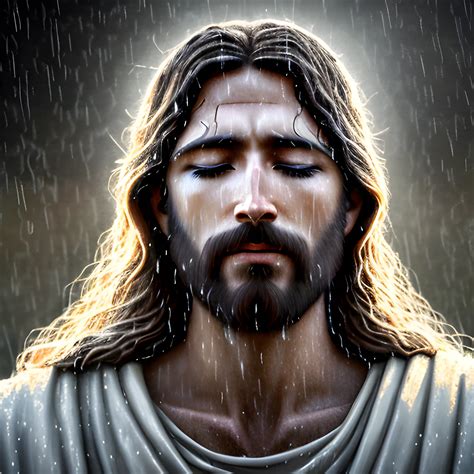 serene jesus christ in the rain, realistic, 4k, bright light face ...