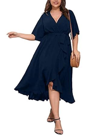 Buy SCOMCHIC Women Plus Size Maxi Dress Short Sleeve Wrap V Neck High ...