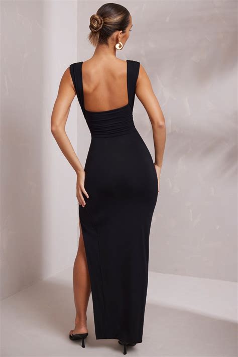 Sloane High Split Plunge Neck Maxi Dress in Black | Oh Polly
