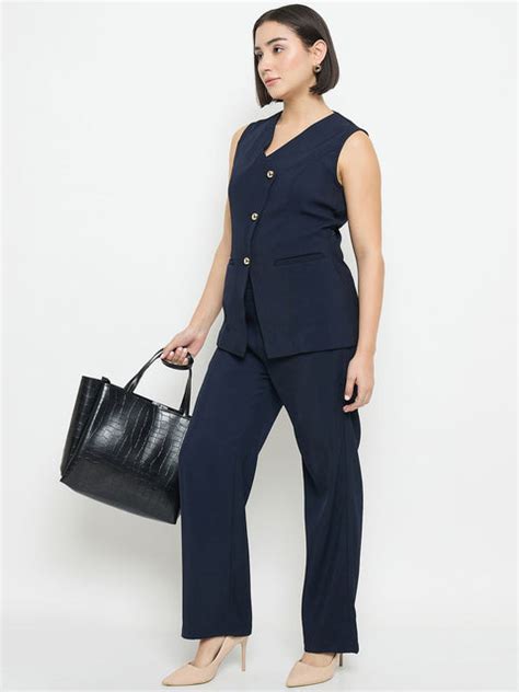 Madame Solid Straight Fit Navy Blue Trousers