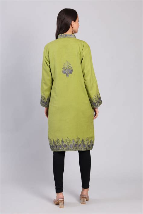 Buy Gul-e-Chinar Kashmiri Wool Jacket | Olive Green Zari Work ...